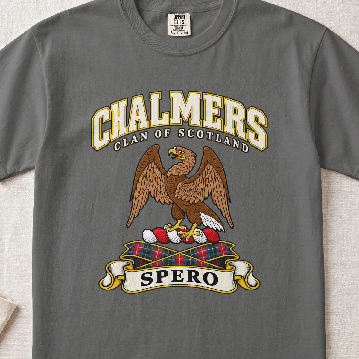 Chalmers Scottish clan T-shirt in Pepper, front view with a brown eagle with raised wings and motto banner.