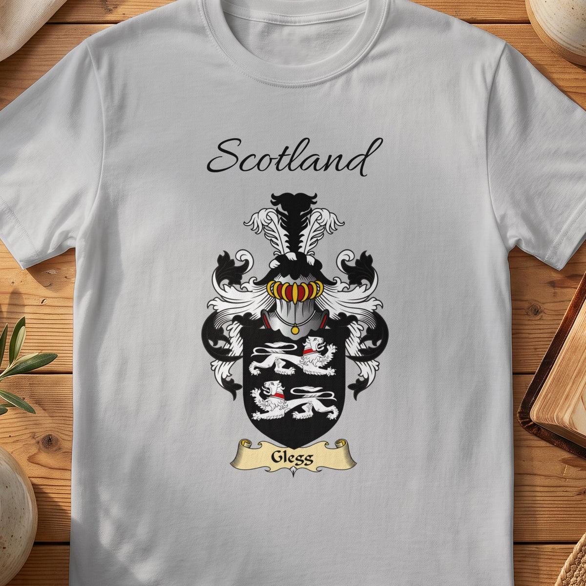 Sport Grey Glegg Scottish family shield T-shirt featuring two white lions on black