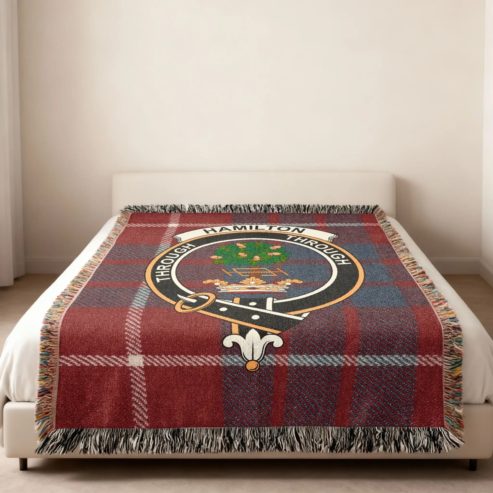 Hamilton clan tartan crest woven throw blanket — full Through heraldic design on cotton weave