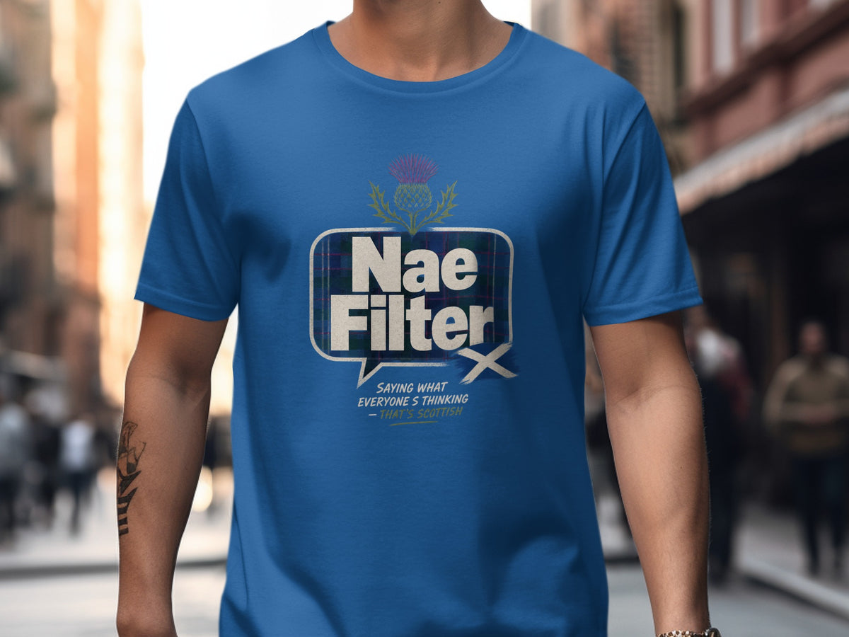 Blue t-shirt with a thistle and "Nae Filter" graphic on a tartan background.