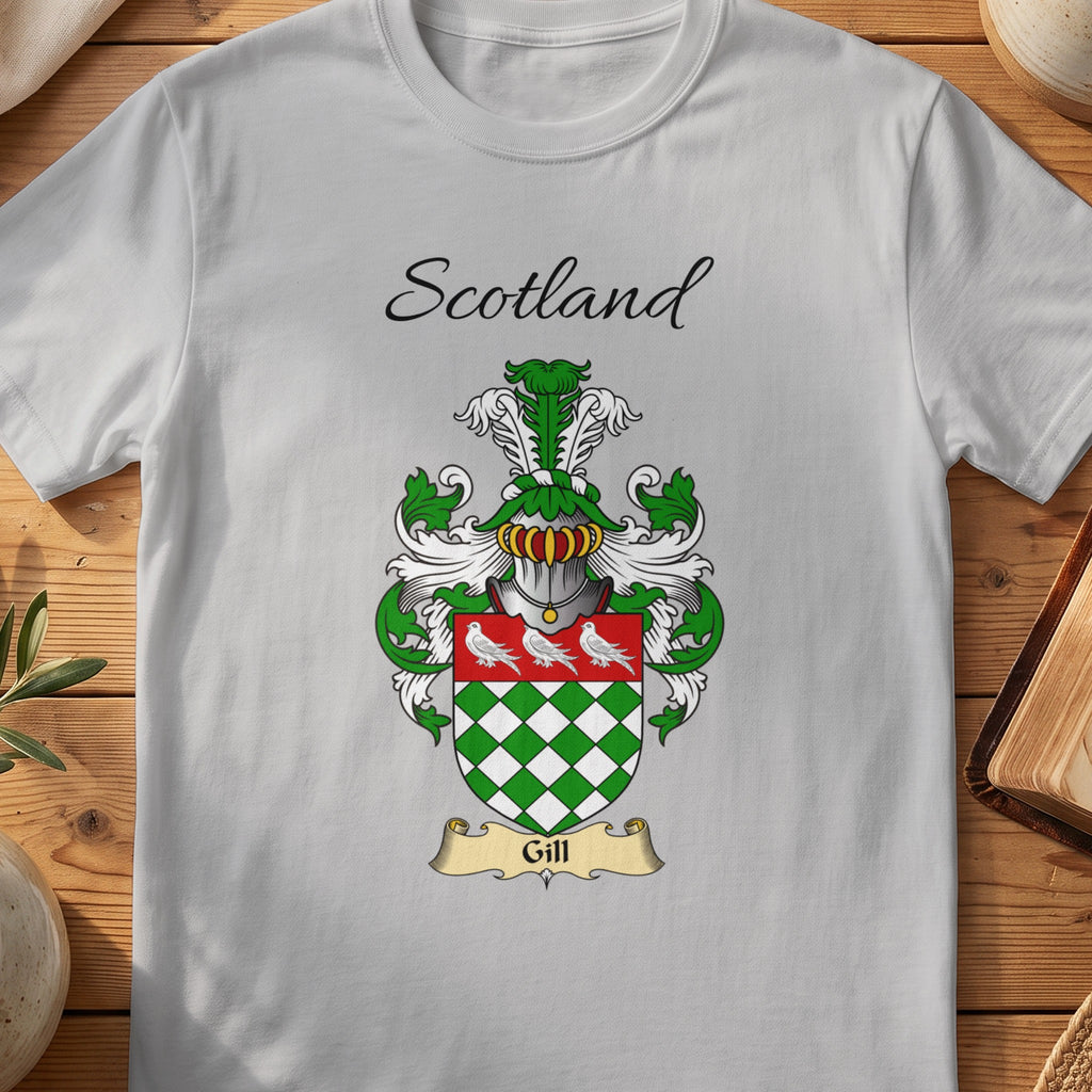 Sport Grey Gill Scottish family shield T-shirt featuring green-and-white diamonds beneath white birds
