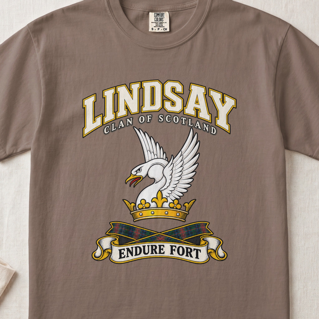 Lindsay Scottish clan T-shirt in Espresso, front view with a white swan with raised wings and a golden crown and motto banner.