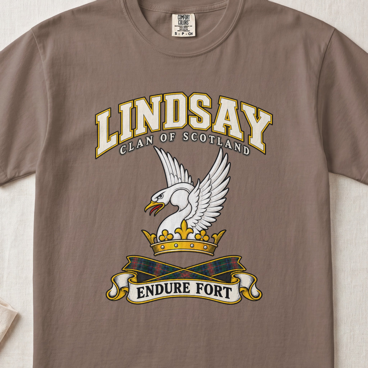 Lindsay Scottish clan T-shirt in Espresso, front view with a white swan with raised wings and a golden crown and motto banner.