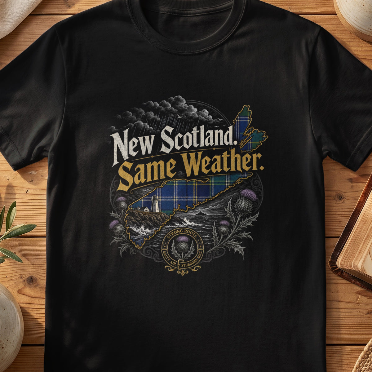 Black Gildan 64000 unisex T-shirt flatlay with New Scotland Same Weather Scottish graphic design