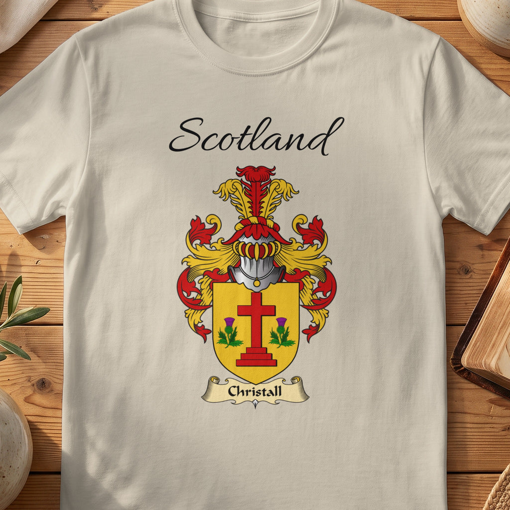 Sand Christall Scottish family shield T-shirt featuring a red cross between green sprigs on gold