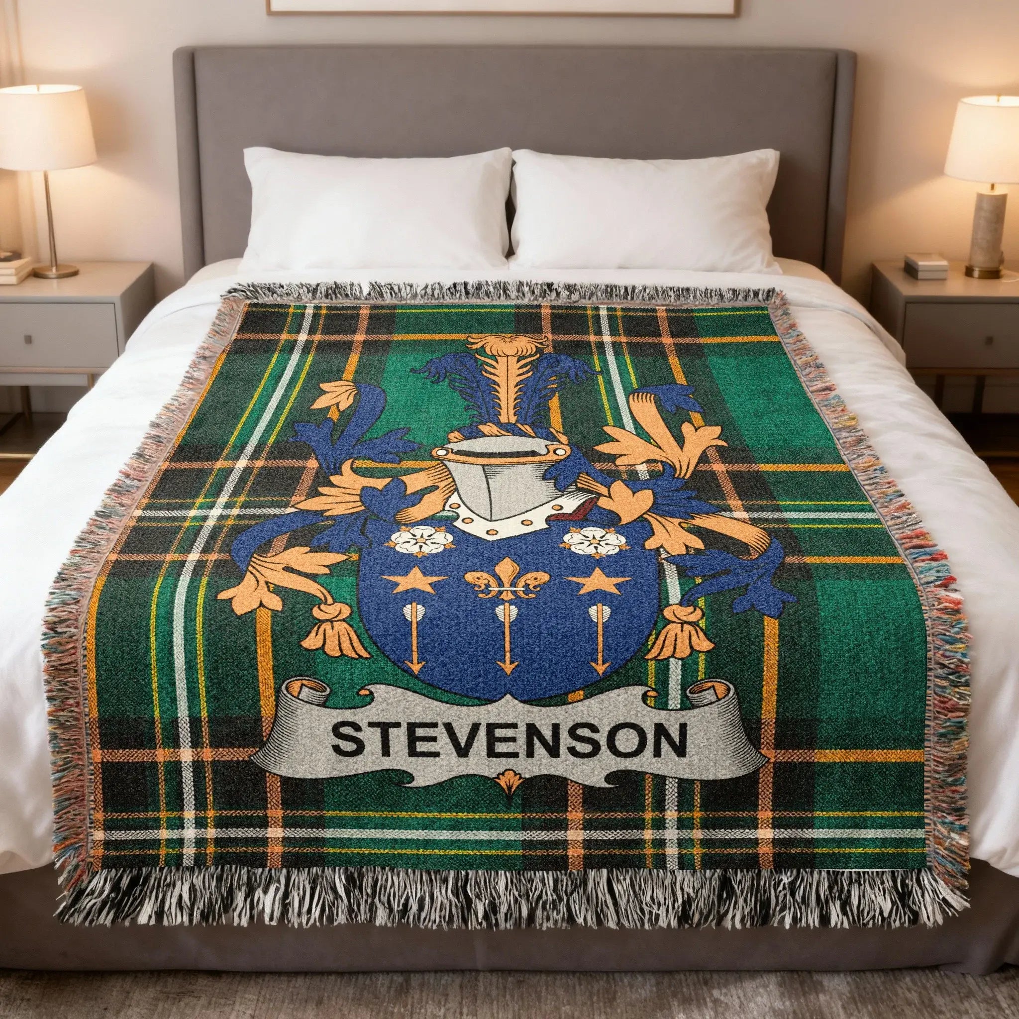 Tartan blanket featuring the Stevenson family crest.