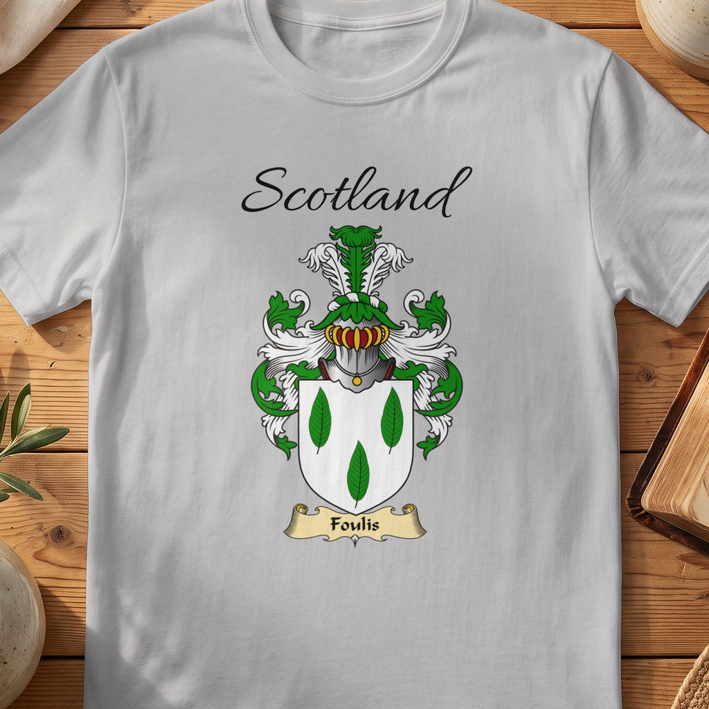 Sport Grey Foulis Scottish family shield T-shirt featuring three green leaf shapes on white