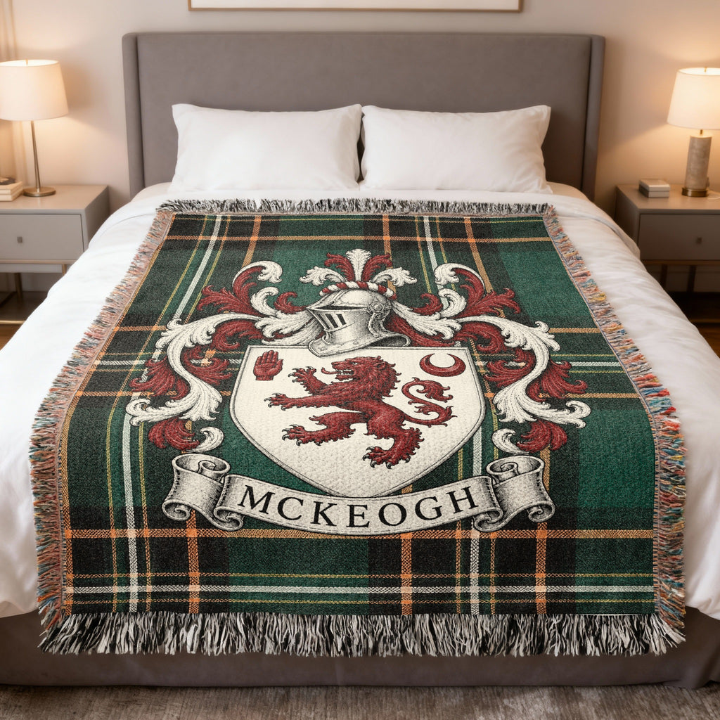 McKeogh Irish National Tartan heirloom woven blanket with family crest, full product view