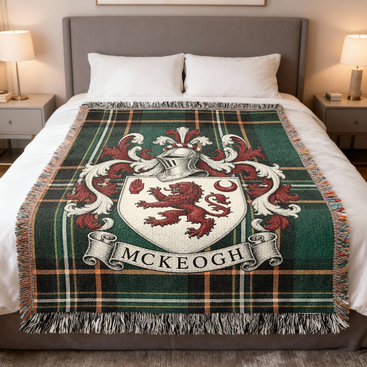 McKeogh Irish National Tartan heirloom woven blanket with family crest, full product view