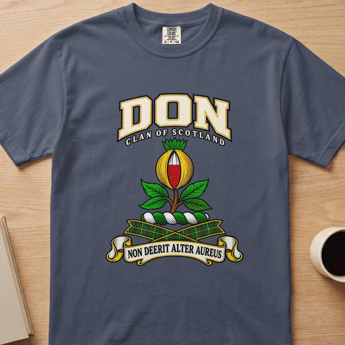 Don clan T-shirt in slate blue, front view with red and gold fruit with green leaves