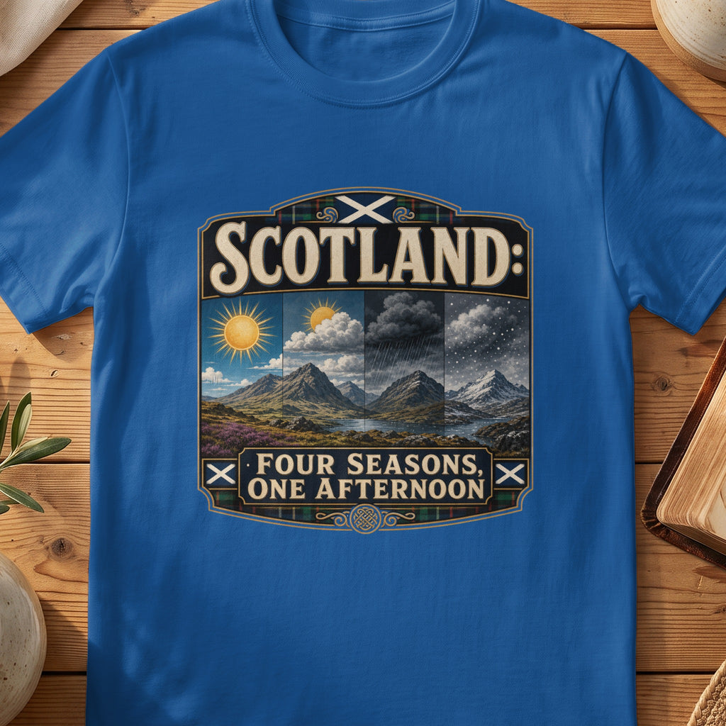 Scotland: Four Seasons, One Afternoon design featuring mountains and weather changes.