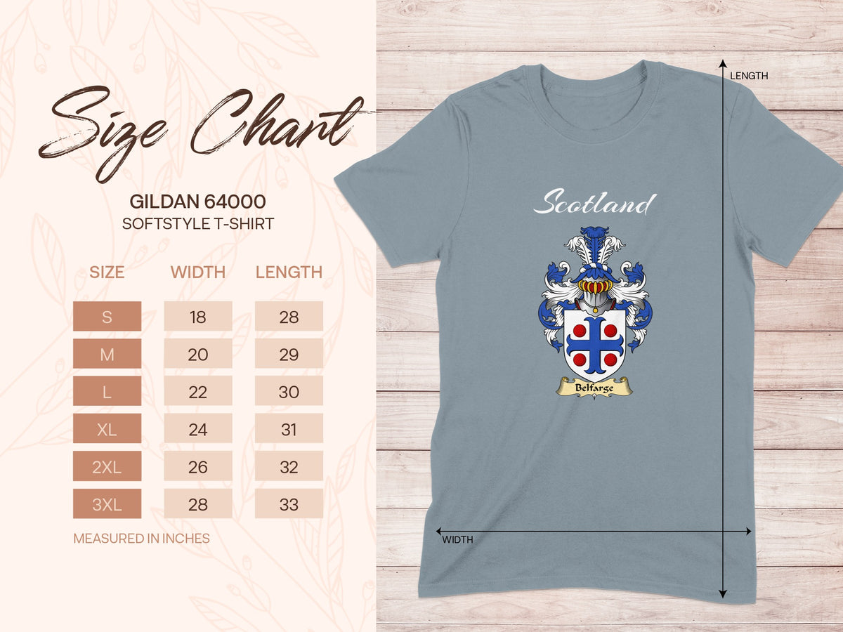 Gildan 64000 size chart for Belfarge Scottish family shield T-shirt