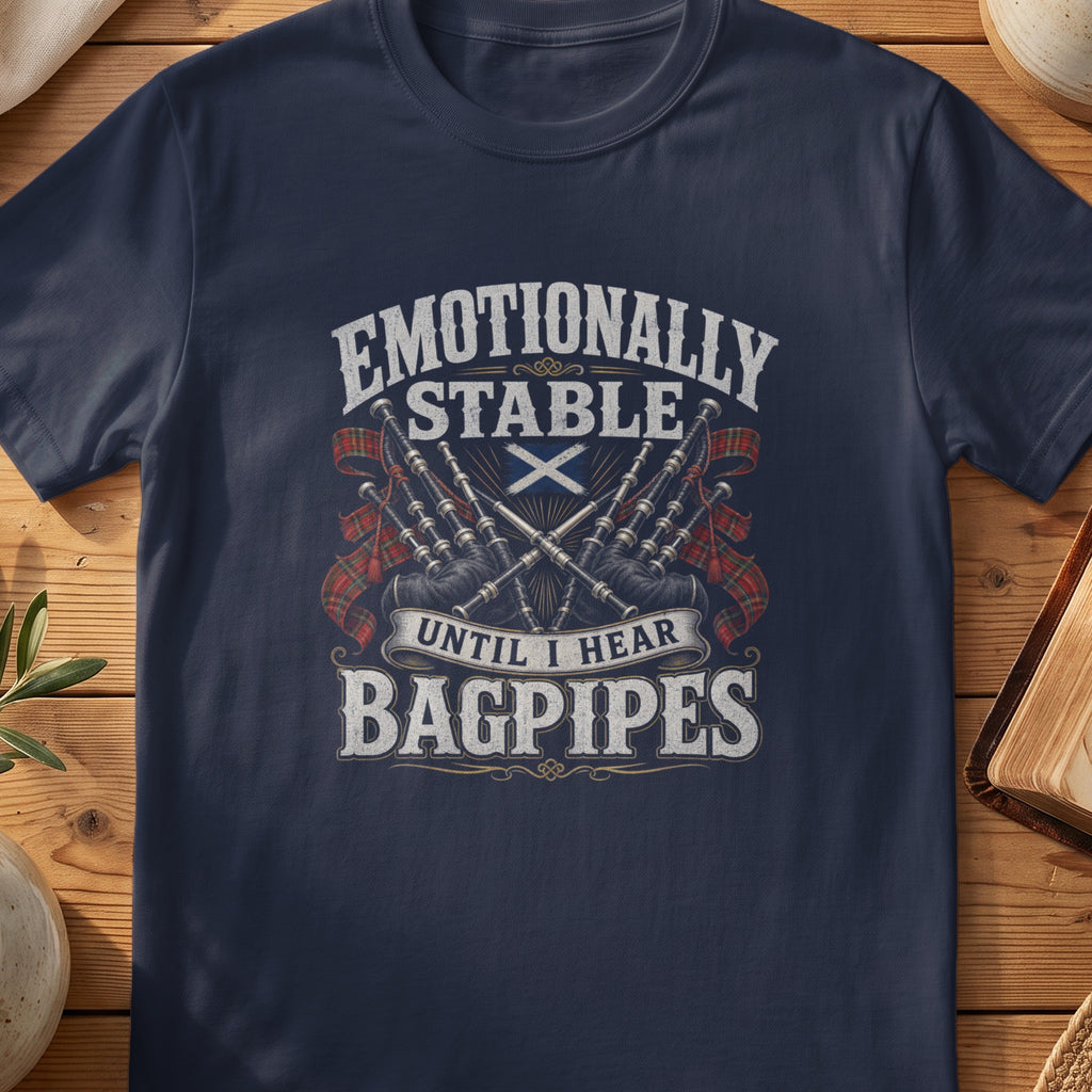 Navy Gildan 64000 unisex T-shirt flatlay with Emotionally Stable Until I Hear Bagpipes Scottish graphic design