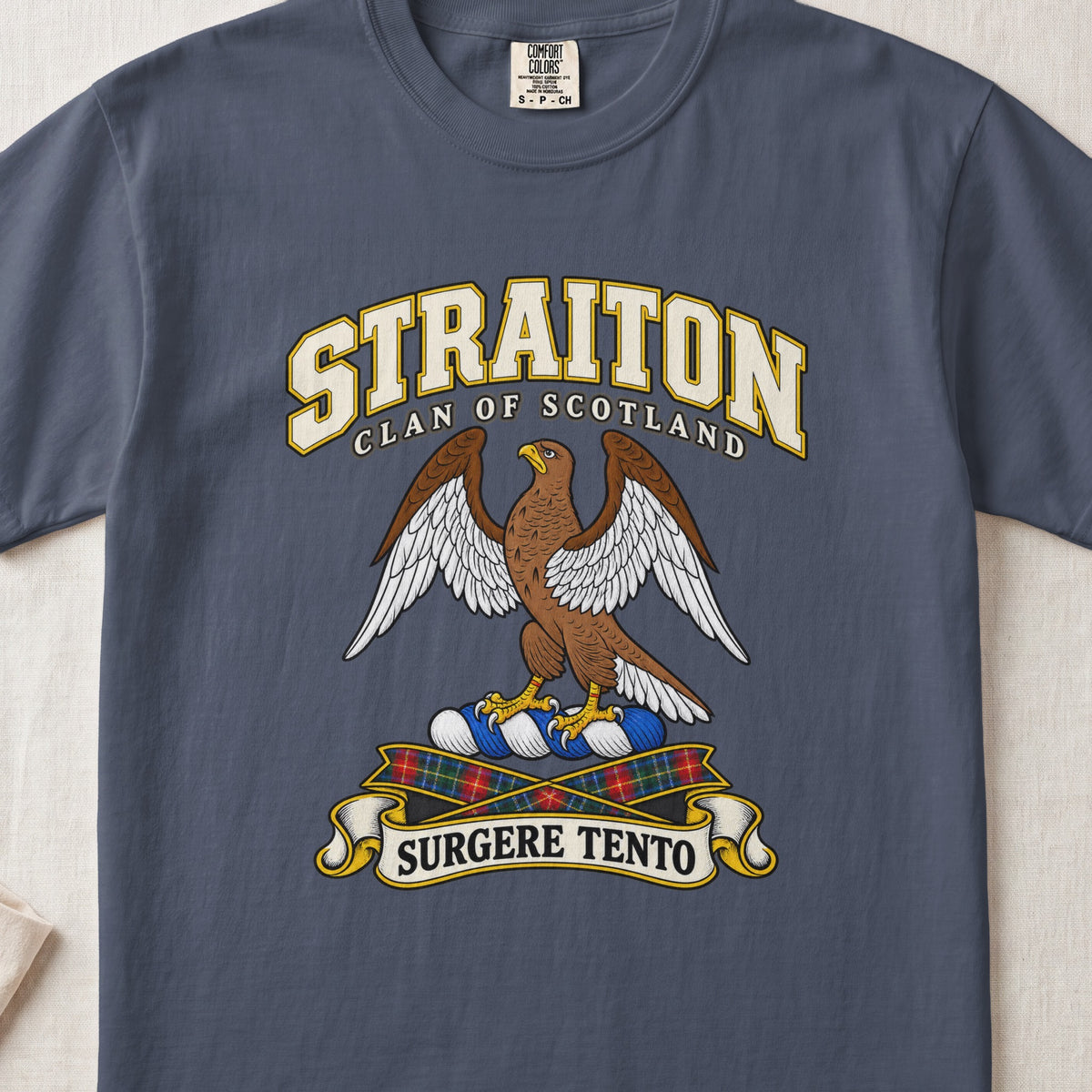 Straiton Scottish clan T-shirt in Midnight, front view with a brown eagle with spread wings and motto banner.