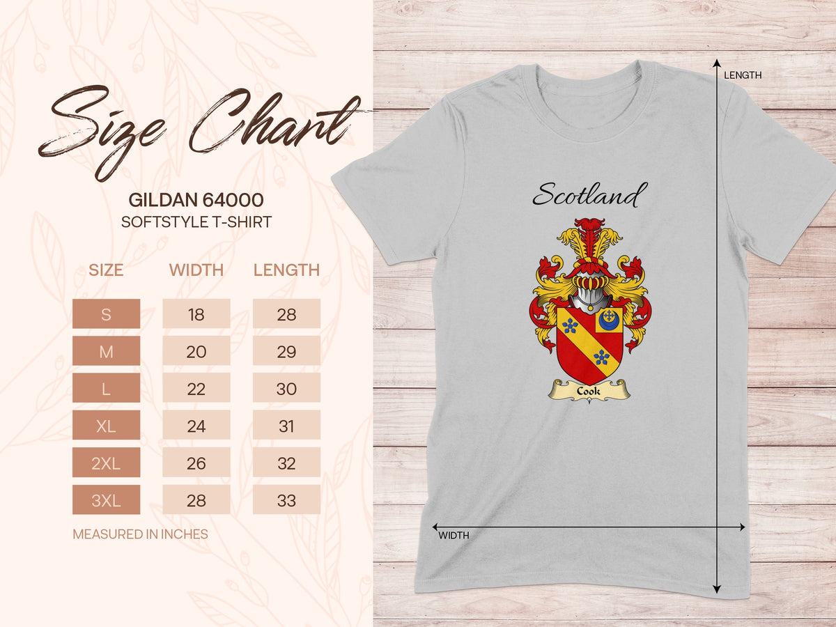 Gildan 64000 size chart for the Cook unisex T-shirt, sizes S to 3XL