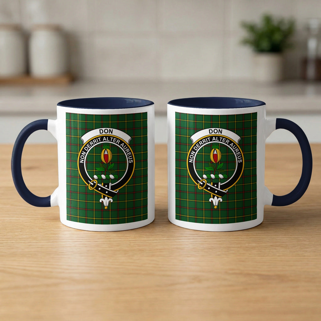 Pair of Don Scottish surname crest 11 oz mugs with navy accents and a tartan background