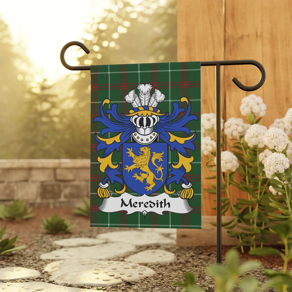 Meredith family crest on plaid flag with white feathers.