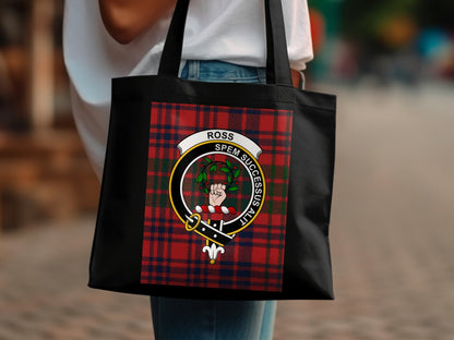 Scottish Clan Crest on Tartan Background Ross Tote Bag - Living Stone Gifts