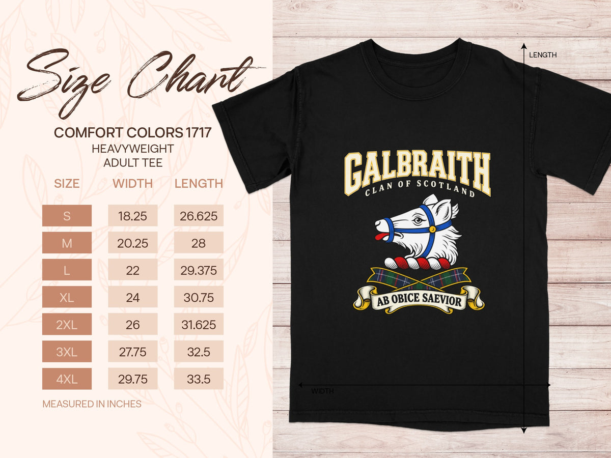Comfort Colors 1717 size chart in inches with a black Galbraith clan crest T-shirt preview