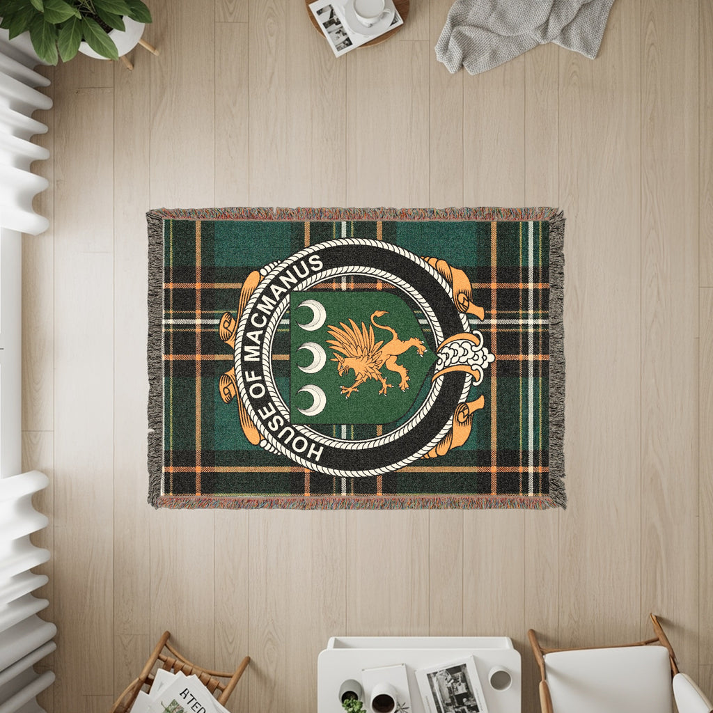 MacManus Irish heritage woven throw with family crest emblem