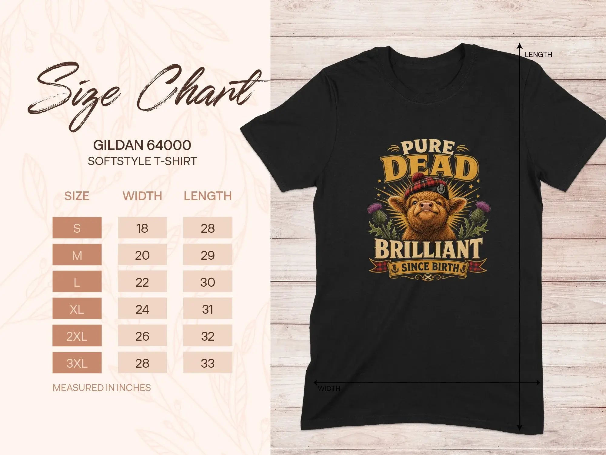 Gildan 64000 softstyle t-shirt size chart with "Pure Dead Brilliant" graphic.