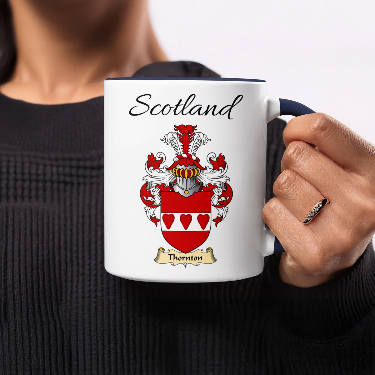 Thornton 11 oz Scottish family crest ceramic mug showing a Scotland-topped heraldic emblem