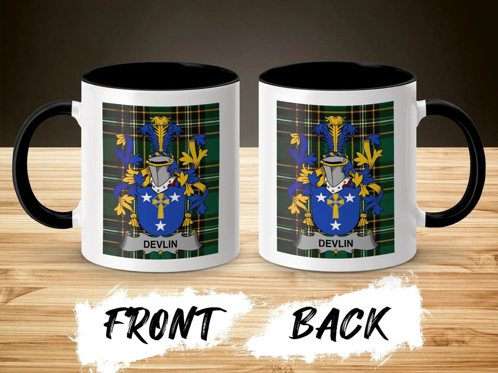Devlin coat of arms on a white mug with black handle and rim.