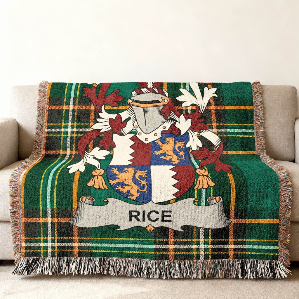 Green plaid blanket with Rice family crest and name.