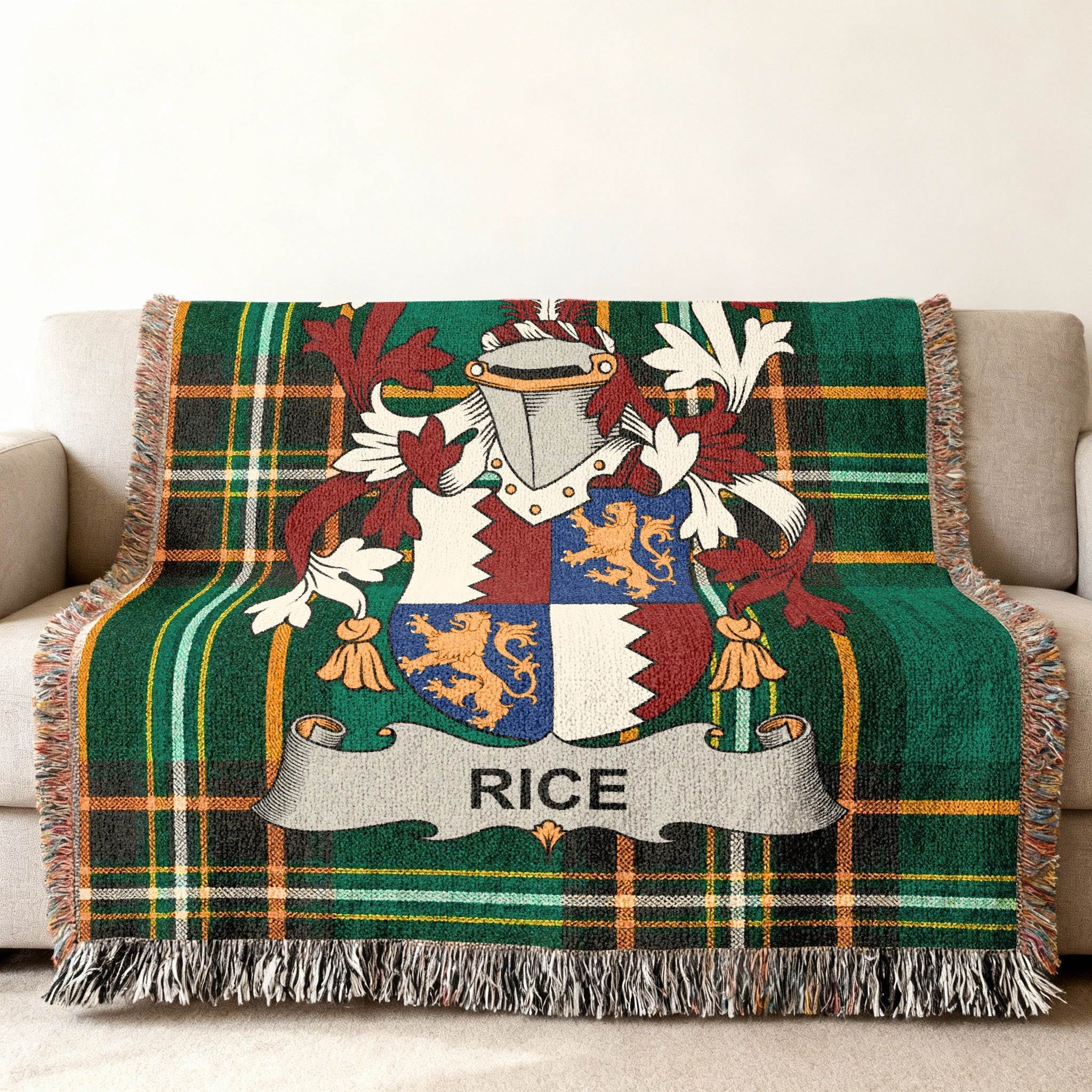 Green plaid blanket with Rice family crest and name.