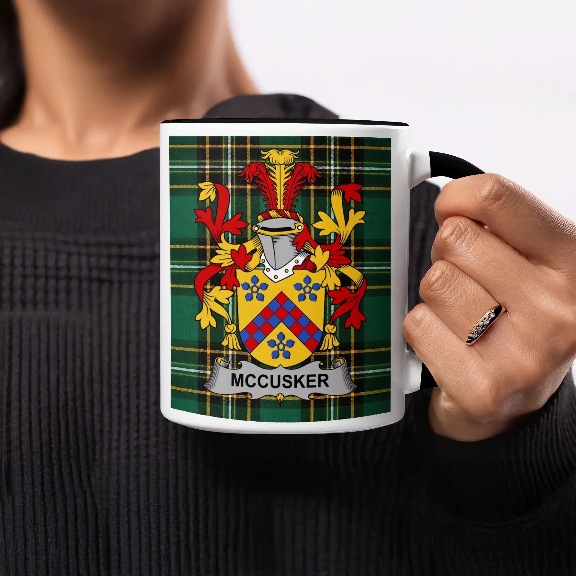 McCusker Irish heritage mug with black handle and interior