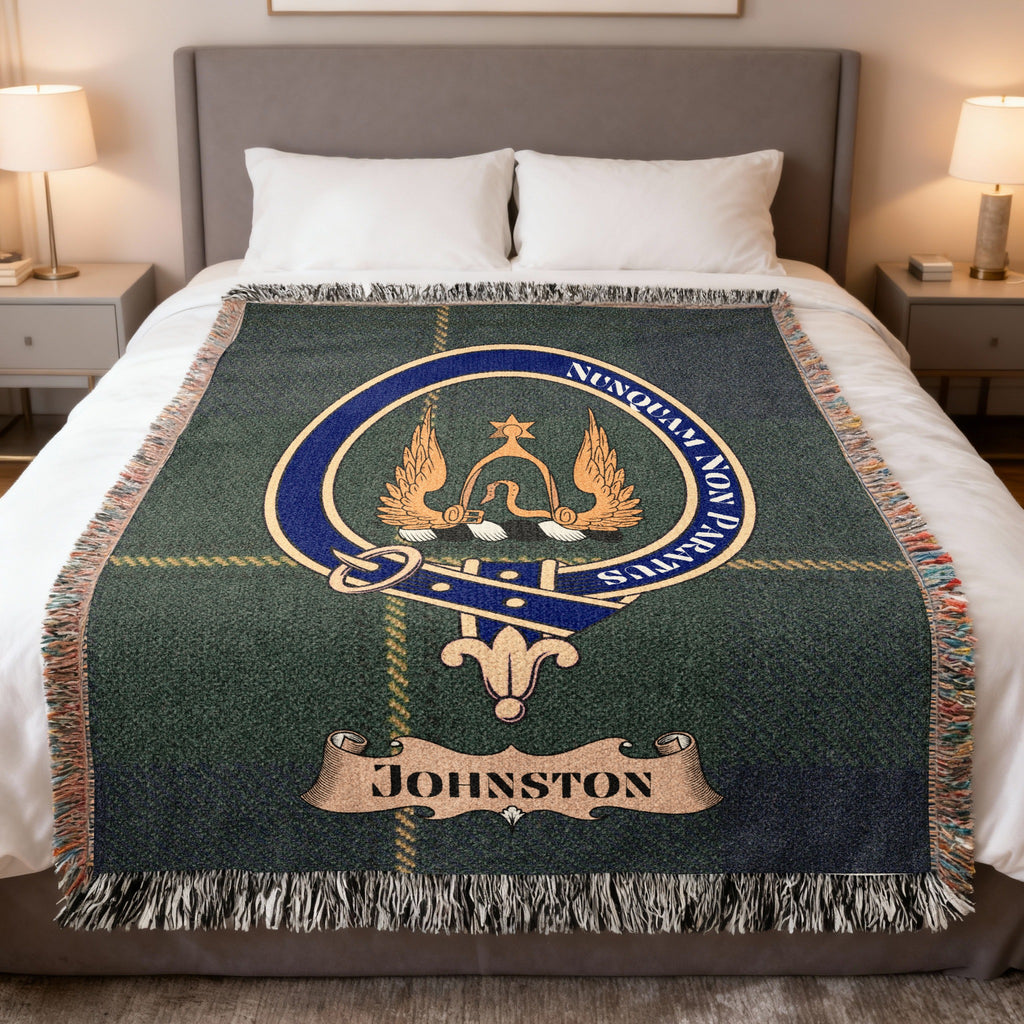 Johnston clan crest tartan woven blanket with motto — 100% cotton