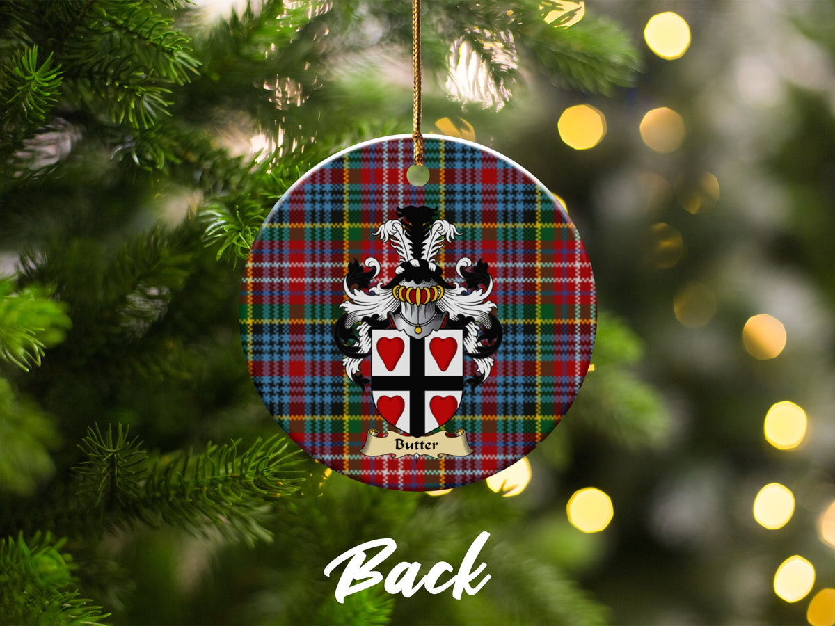 Double-sided Butter ceramic ornament with family shield and Caledonia tartan background
