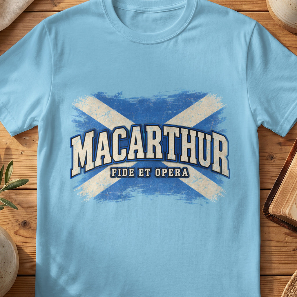 MacArthur Scottish Saltire T-shirt in Sky, with distressed blue and cream flag and “Fide et Opera” lettering.