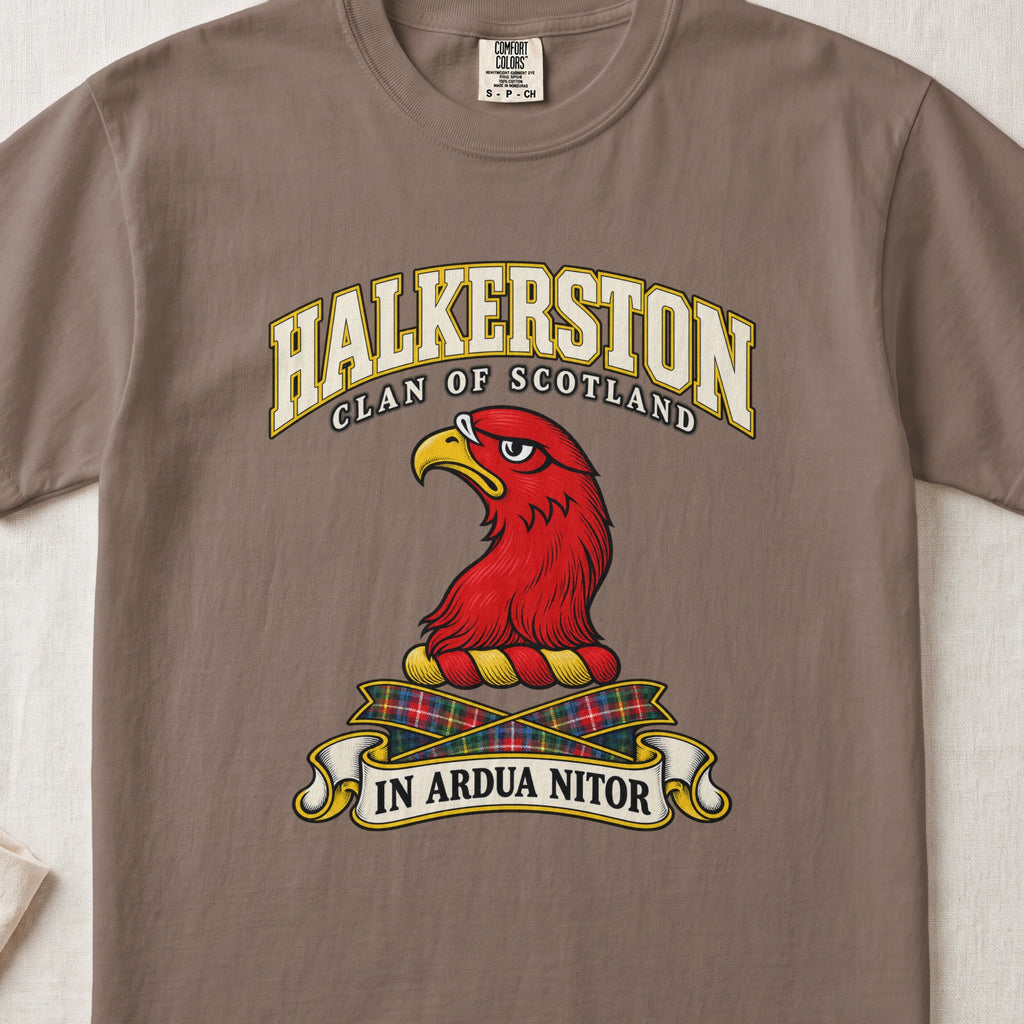Halkerston Scottish clan T-shirt in Espresso, front view with a red bird head with a golden beak and motto banner.