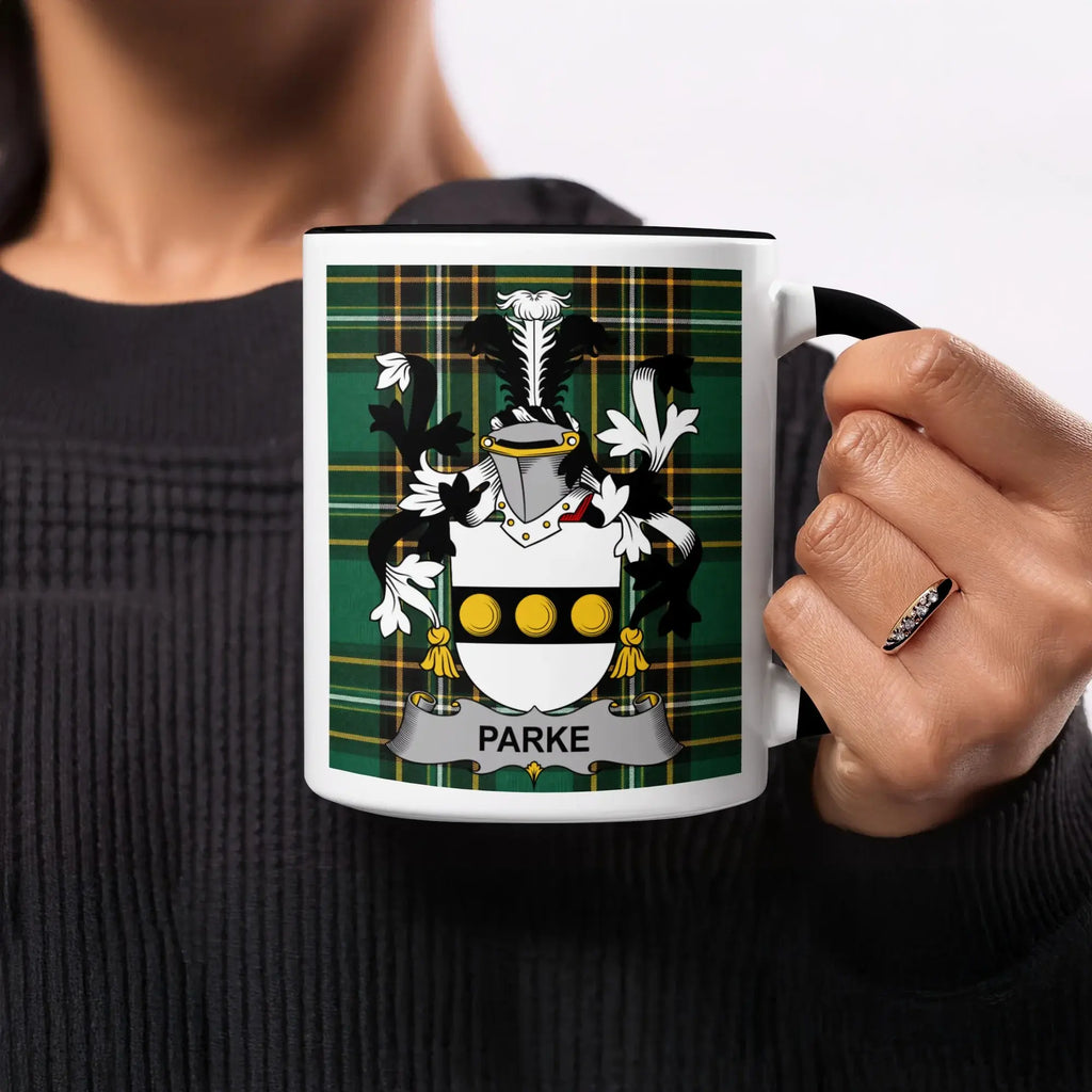 Parke black accent mug with Irish National Tartan and family crest