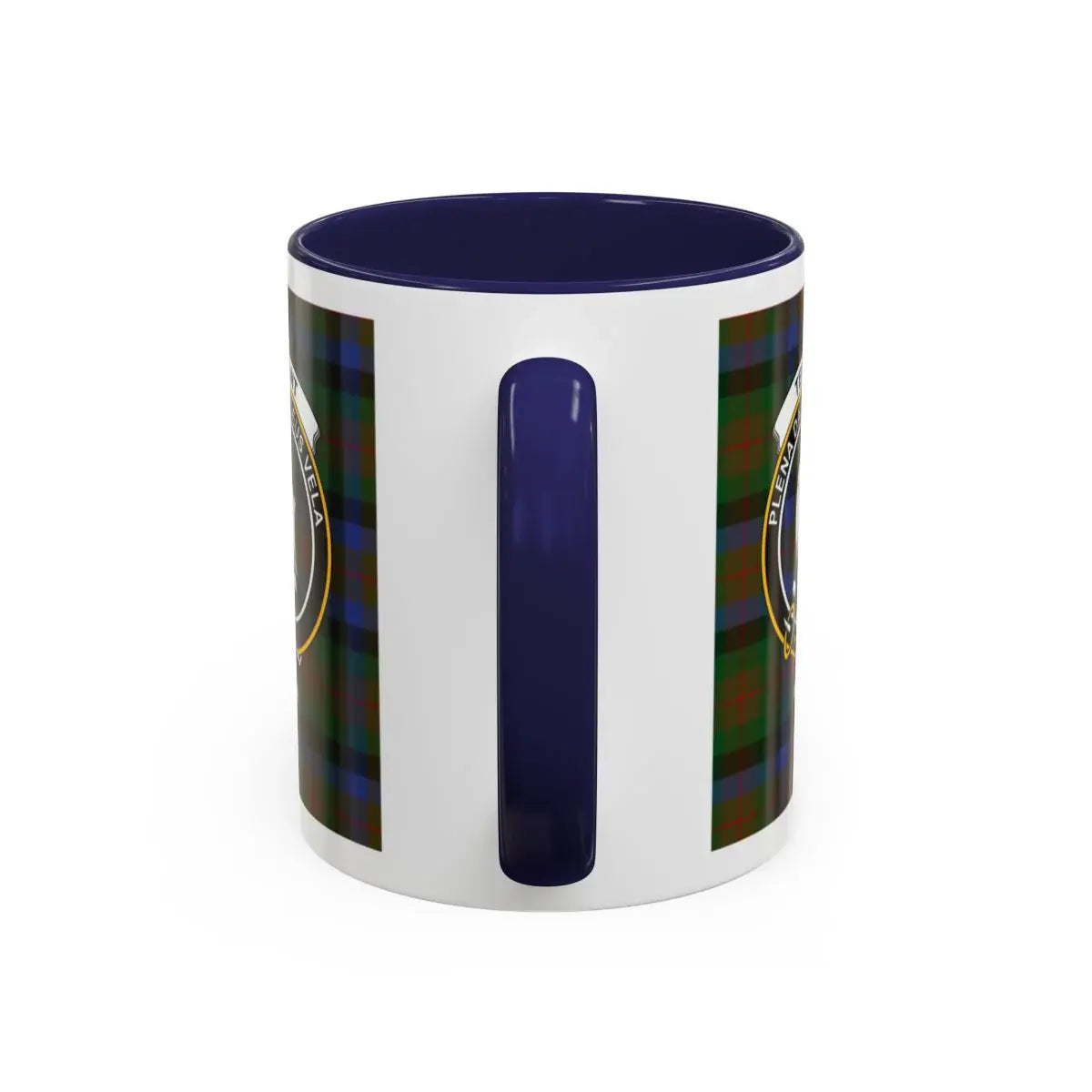 Clan Tennant Scottish tartan mug — close-up of crest and accent interior detail