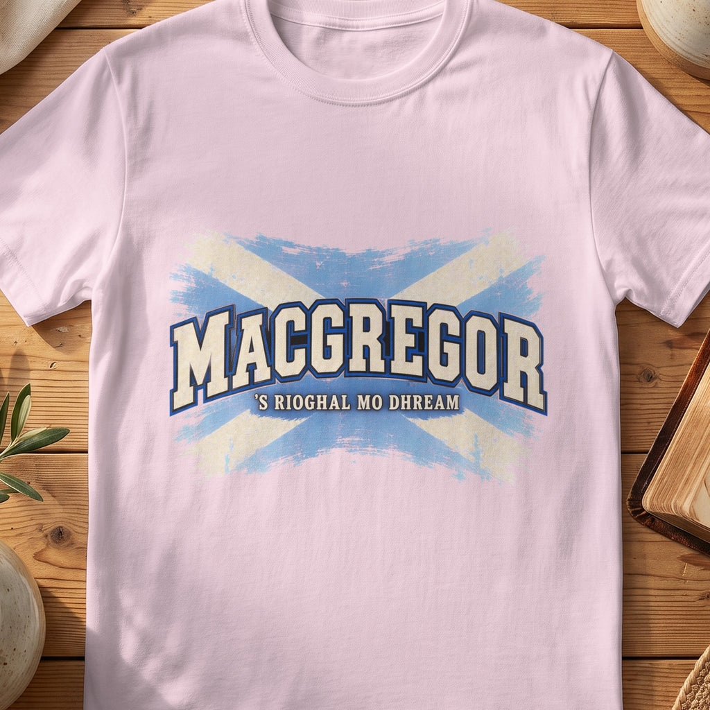 MacGregor Scottish Saltire T-shirt in Light Pink, with distressed blue and cream flag and “'S Rioghal Mo Dhream” lettering.