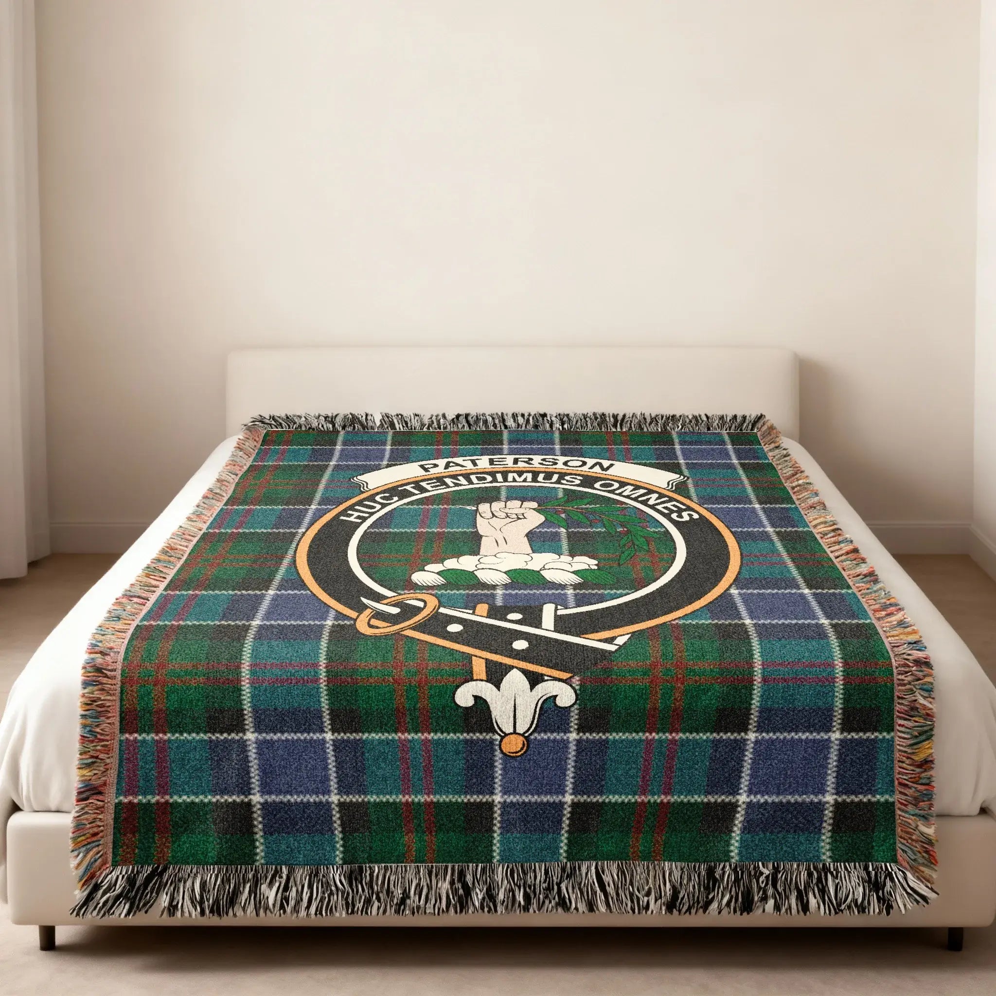 Clan Paterson Scottish tartan heirloom woven blanket — crest and pattern woven in