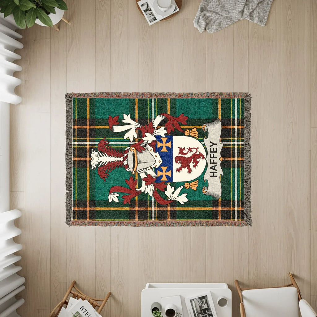 Haffey family crest on a woven blanket with plaid background.
