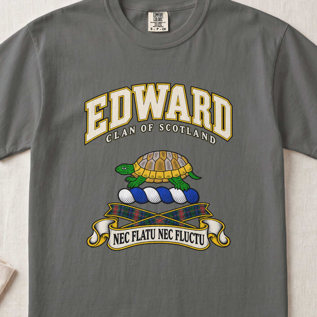 Edward Scottish clan T-shirt in Pepper, front view with a green and gold tortoise and motto design.