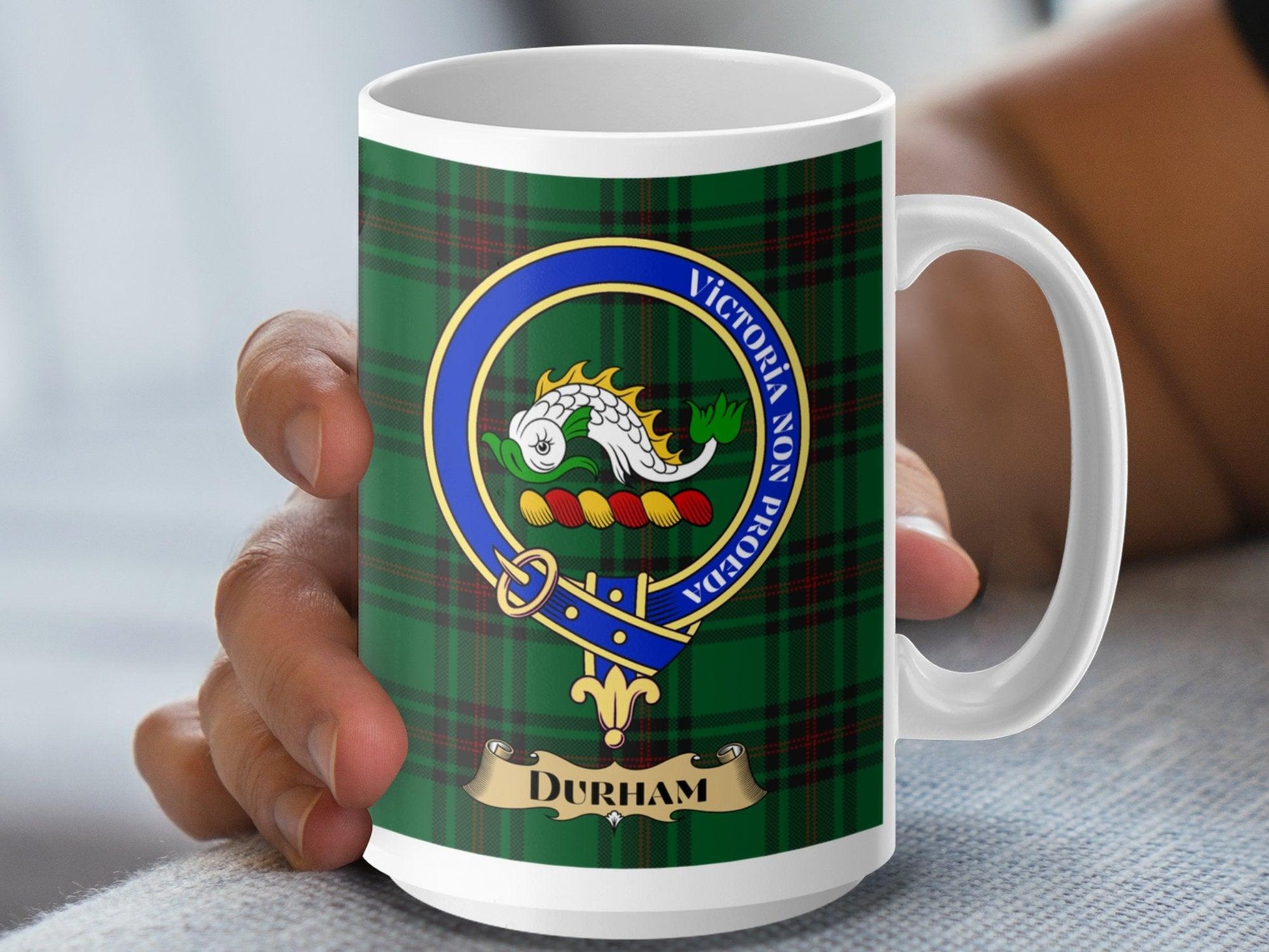 Vibrant Durham Clan Crest Tartan Plaid Design Mug - Living Stone Gifts