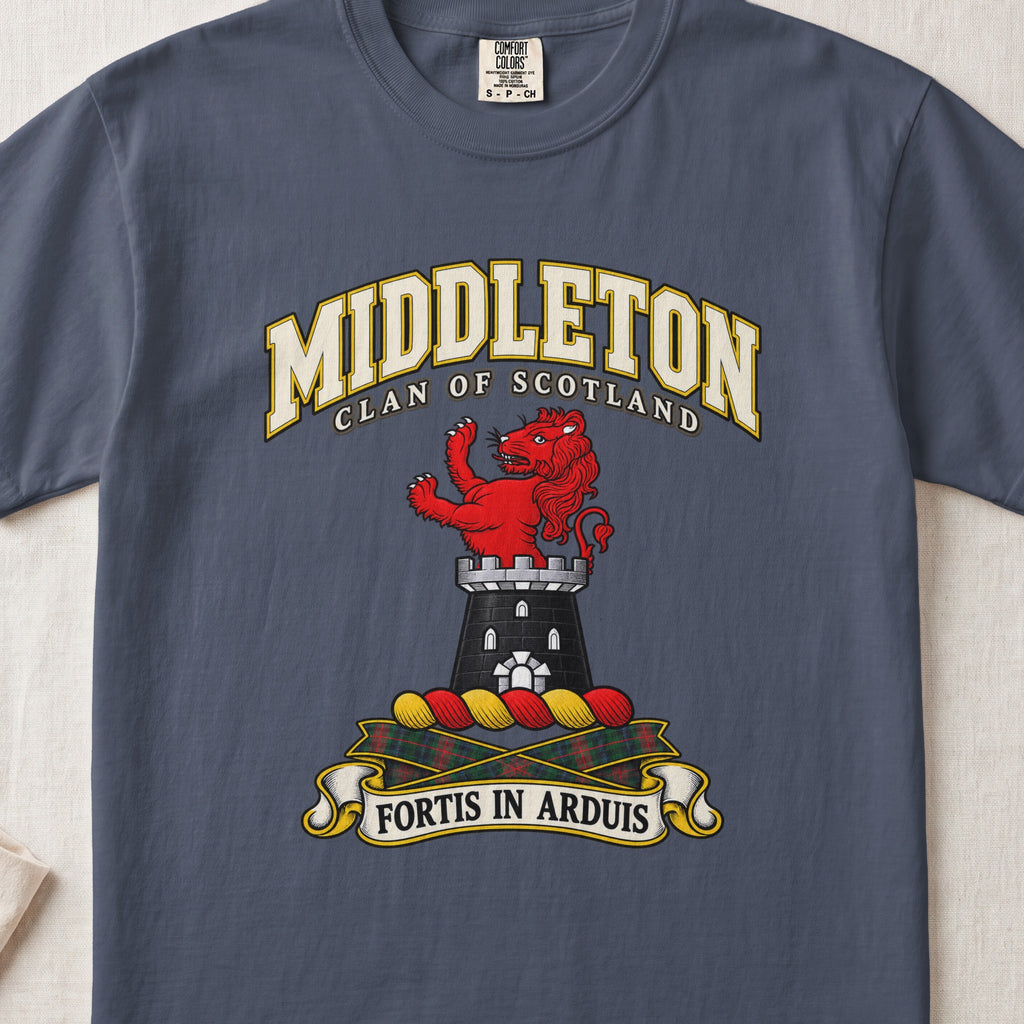 Middleton Scottish clan T-shirt in Midnight, front view with a red lion rising above a gray tower and motto banner.