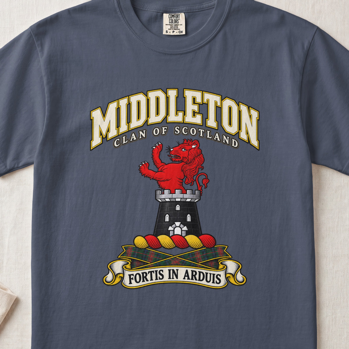 Middleton Scottish clan T-shirt in Midnight, front view with a red lion rising above a gray tower and motto banner.