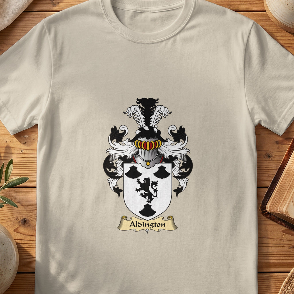 Sand Aldington Scottish family shield T-shirt featuring a black lion and black motifs on white