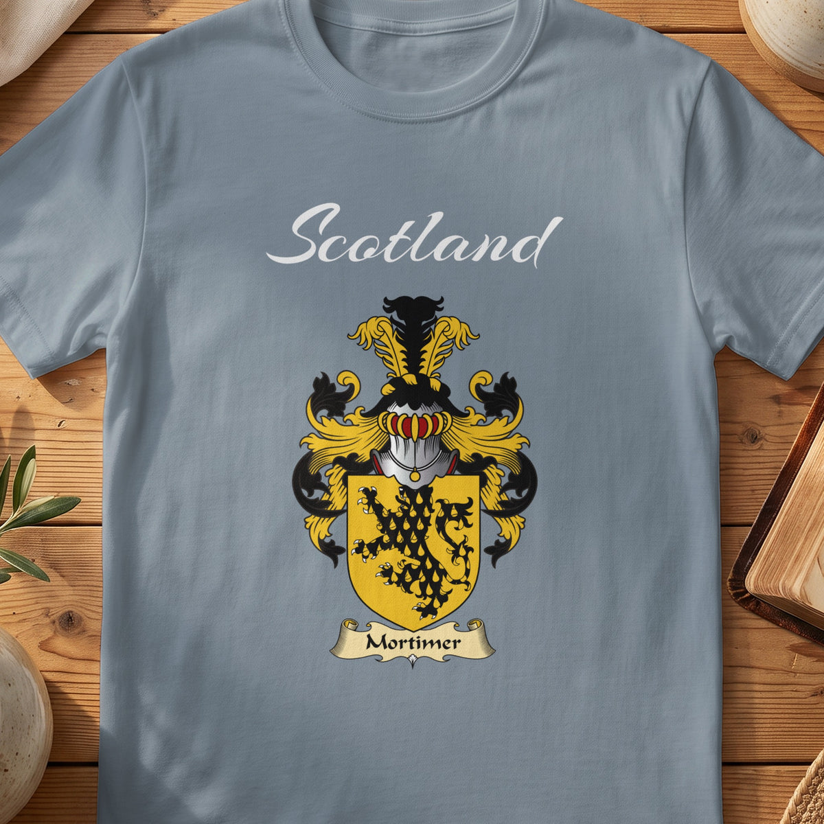 Mortimer Scottish family shield T-shirt in Stone Blue