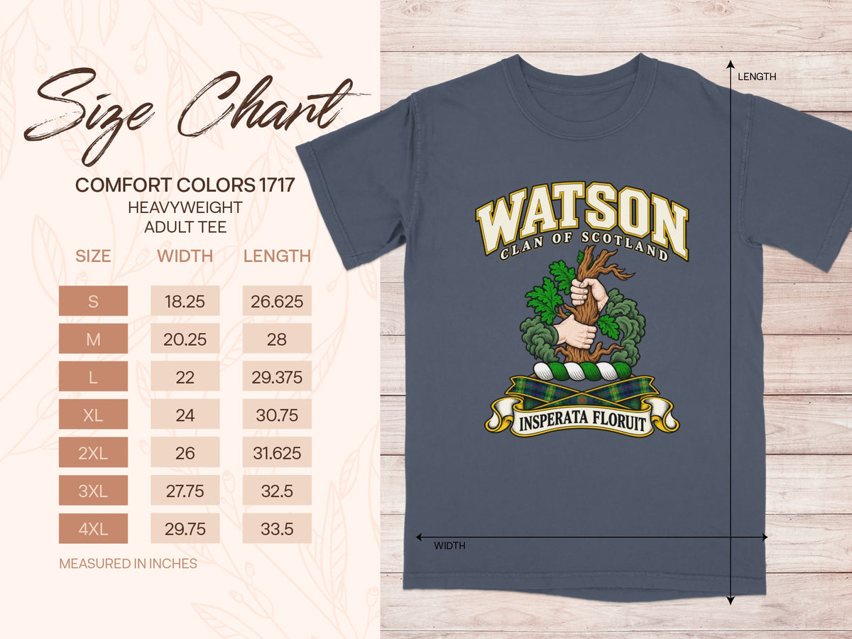 Comfort Colors 1717 size chart for the Watson Scottish clan T-shirt, adult sizes S–4XL.
