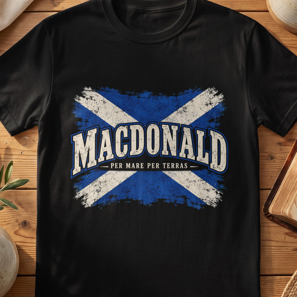MacDonald Scottish Saltire T-shirt in Black, with distressed blue and cream flag and “Per Mare Per Terras” lettering.