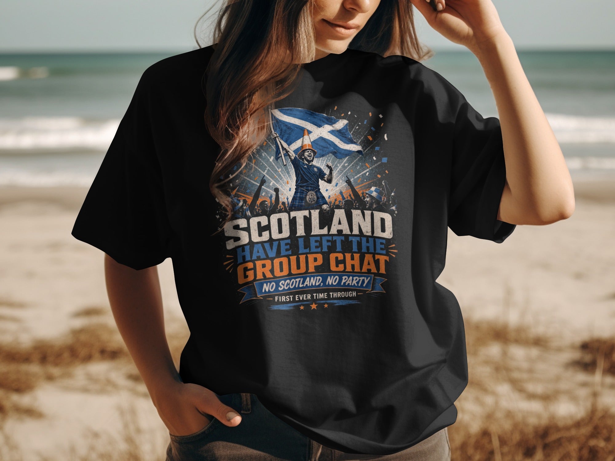 Black t-shirt with "Scotland Have Left The Group Chat" text and Scottish flag.