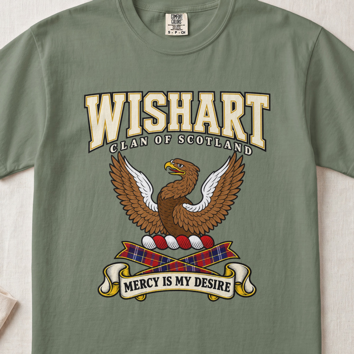 Wishart Scottish clan graphic T-shirt in Moss, front view