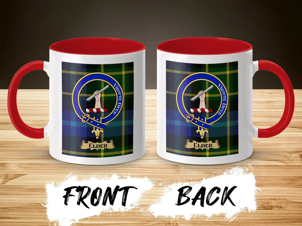 Elder tartan-background crest mug shown as a Scottish heritage gift